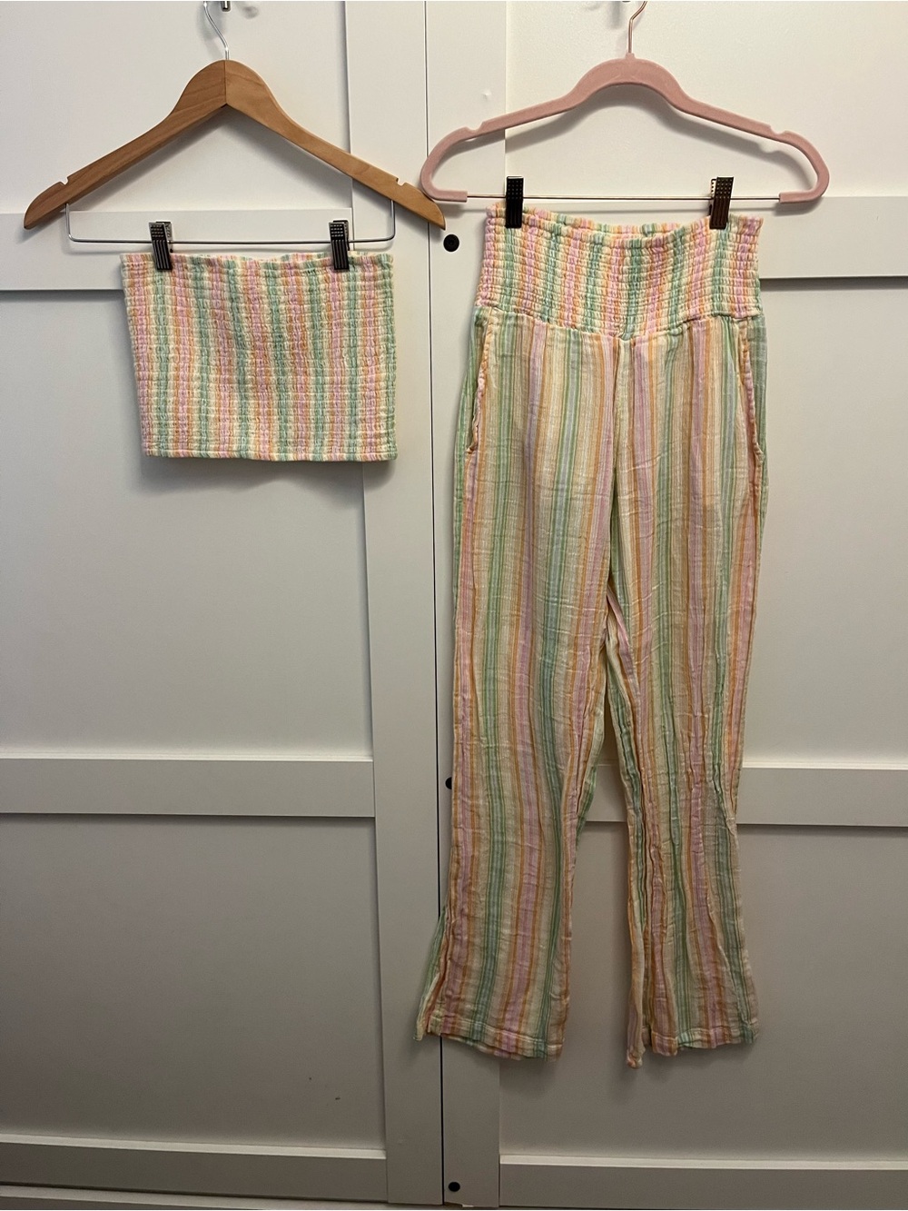 Billabong Outfit- Pastel Stripe Smocked Waist Flare Pants & Tube Top